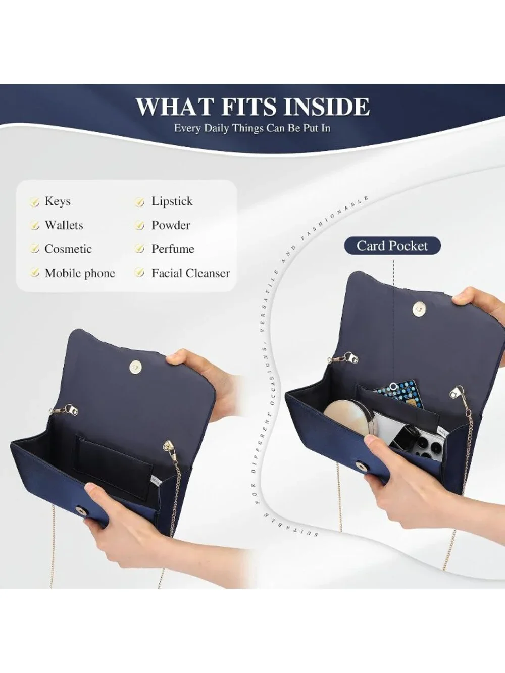👜 Women's Navy Formal Elegant Evening Bag Magnetic Satin Formal Clutch Purses